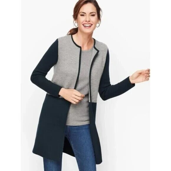 Perfect Talbots Sweater Jacket Women's Colorblock Merino Wool work Open size L - Picture 1 of 7